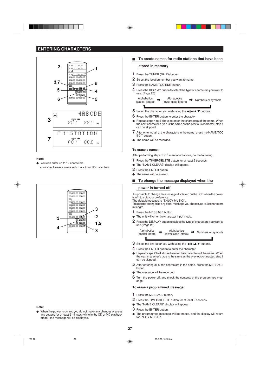 Sharp MD X5 operation manual Entering Characters, To change the message displayed when Power is turned off, To erase a name 