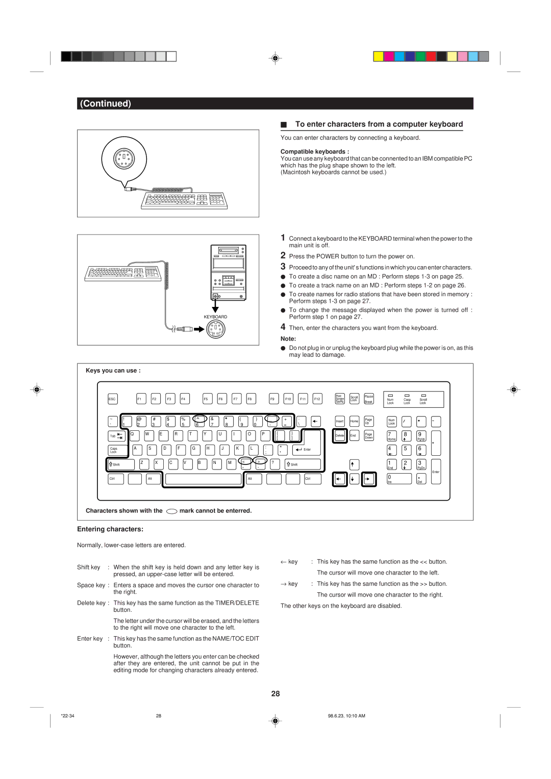 Sharp MD X5 To enter characters from a computer keyboard, Entering characters, Compatible keyboards, Keys you can use 