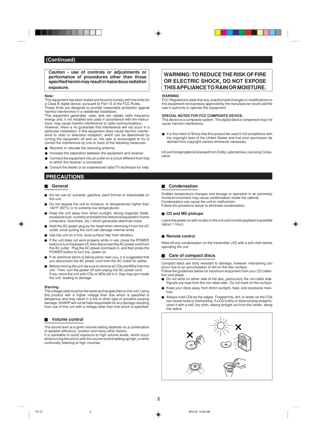 Sharp MD X5 operation manual Precautions 