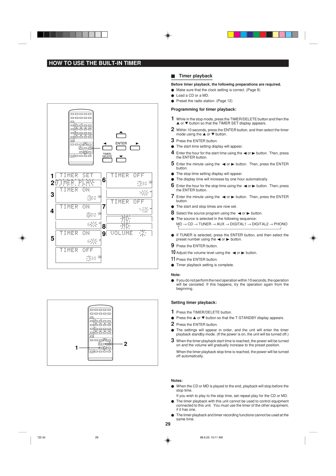 Sharp MD X5 HOW to USE the BUILT-IN Timer, Timer playback, Programming for timer playback, Setting timer playback 