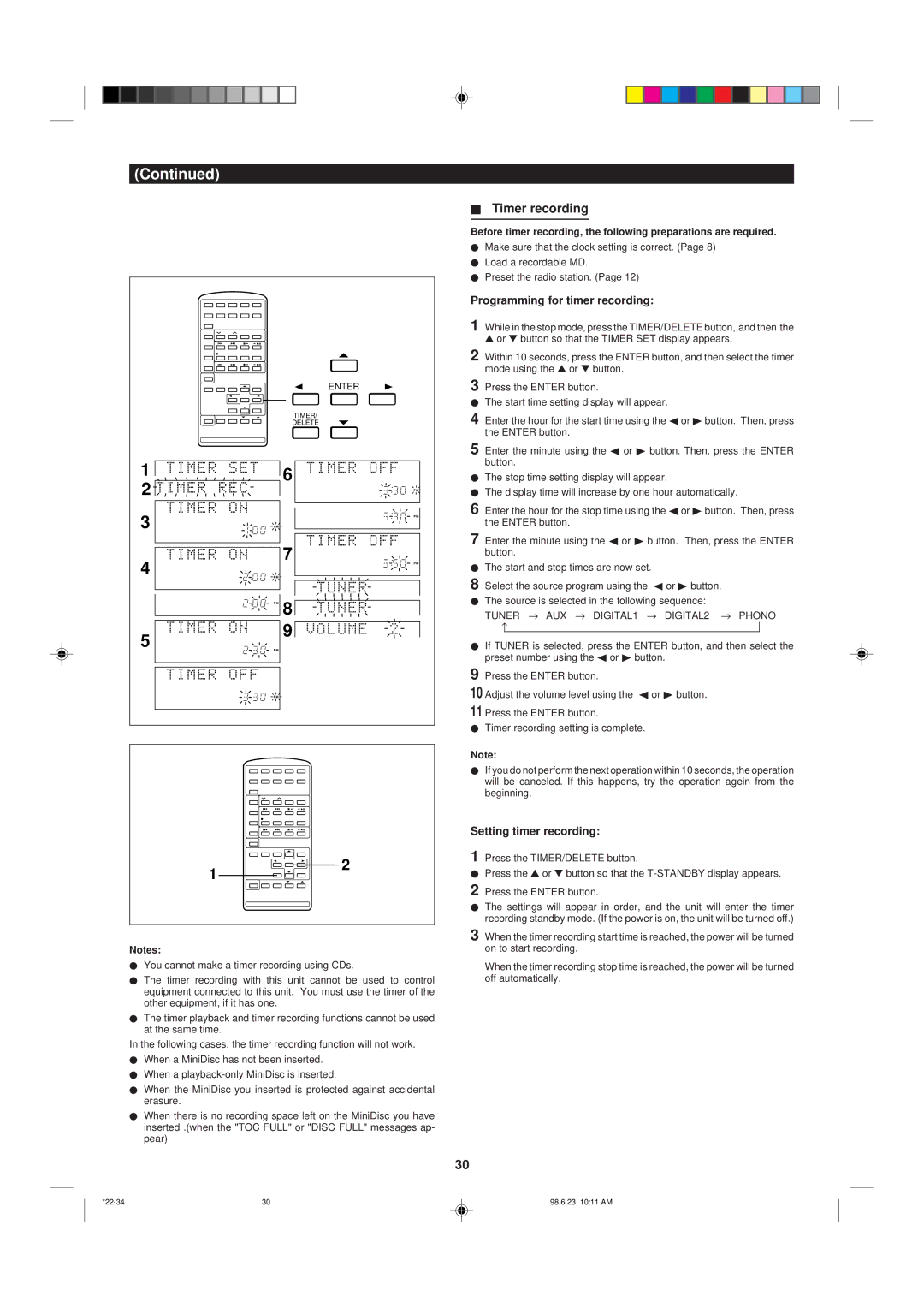 Sharp MD X5 operation manual Timer recording, Programming for timer recording, Setting timer recording 