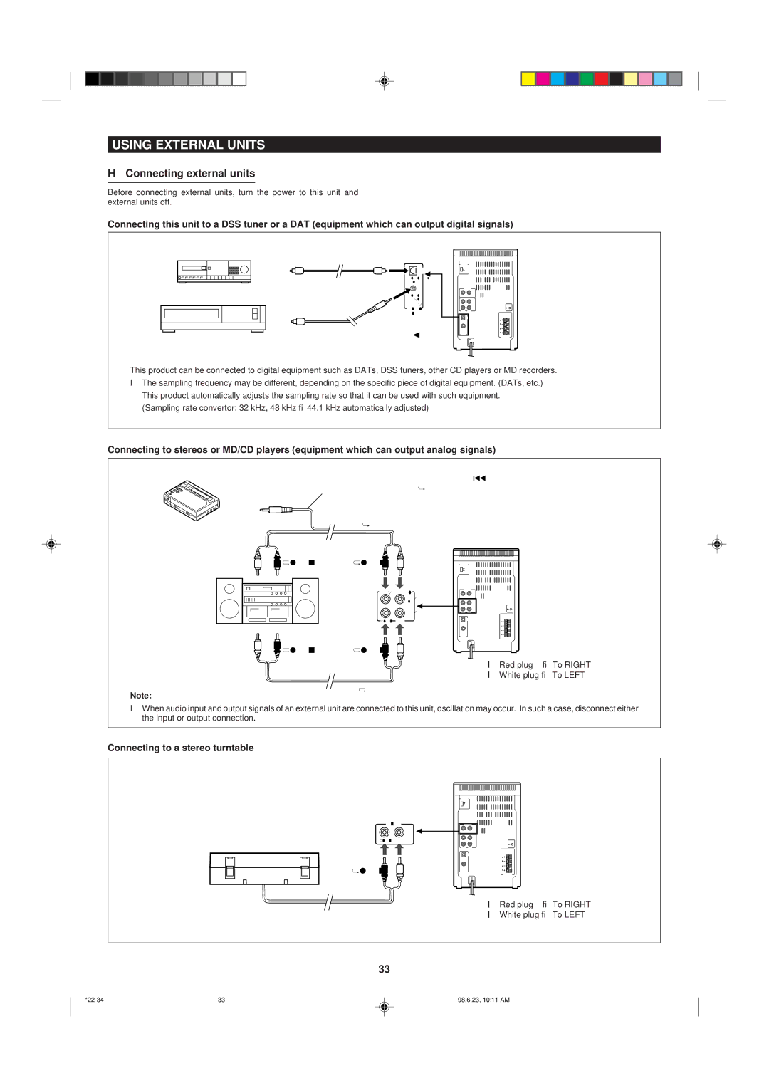 Sharp MD X5 operation manual Using External Units, Connecting external units, Connecting to a stereo turntable 