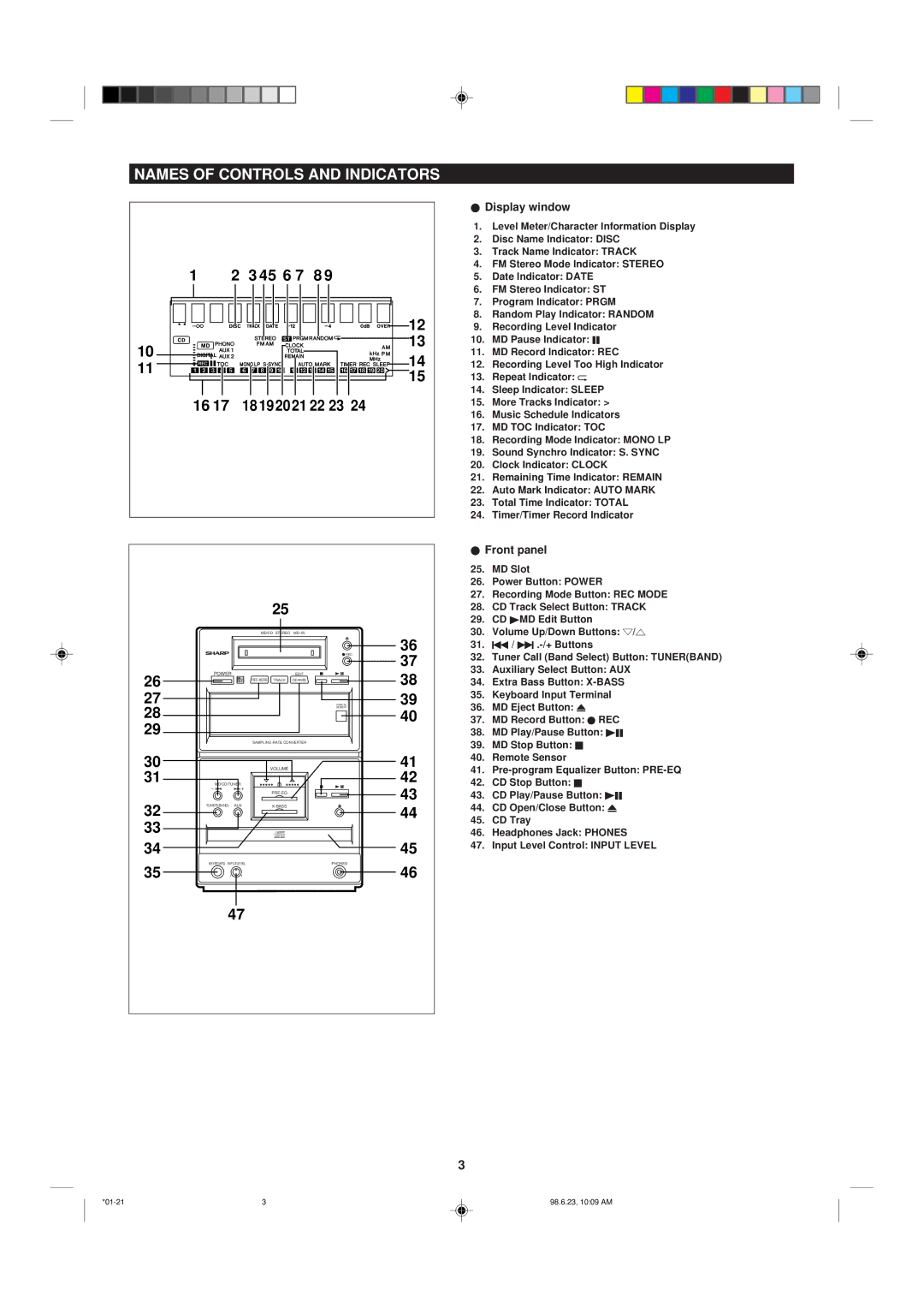 Sharp MD X5 operation manual Names of Controls and Indicators, Display window, Front panel 