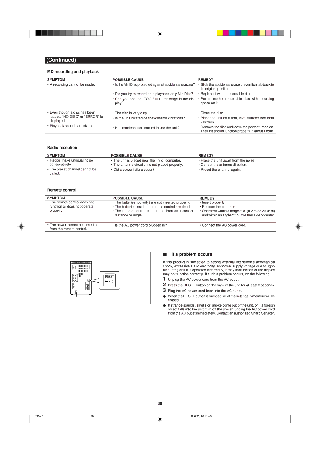 Sharp MD X5 operation manual MD recording and playback, Radio reception 