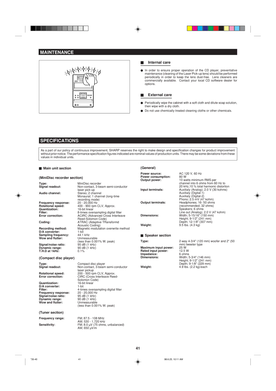 Sharp MD X5 operation manual Maintenance, Specifications, Internal care, External care 