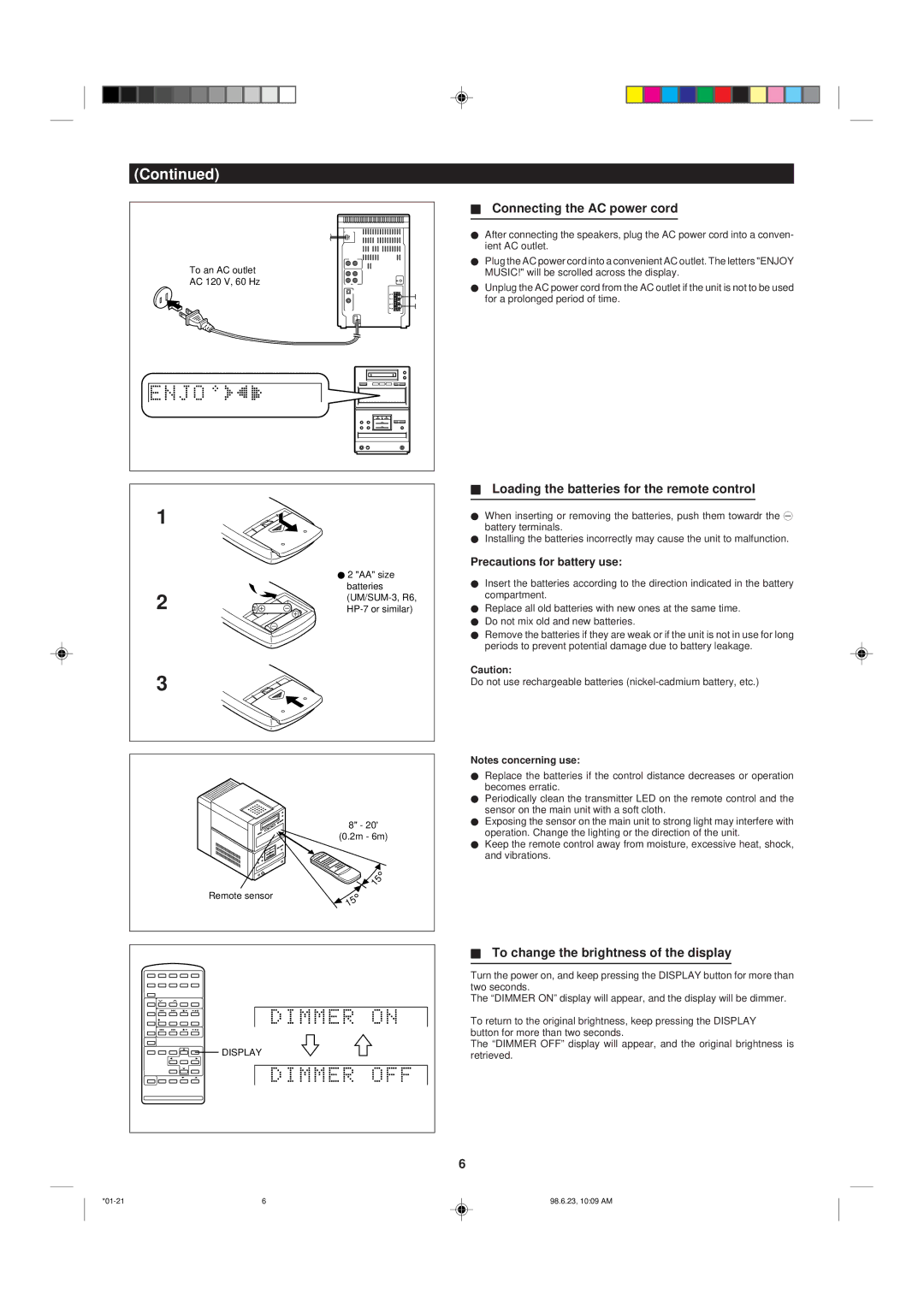 Sharp MD X5 Connecting the AC power cord, Loading the batteries for the remote control, Precautions for battery use 