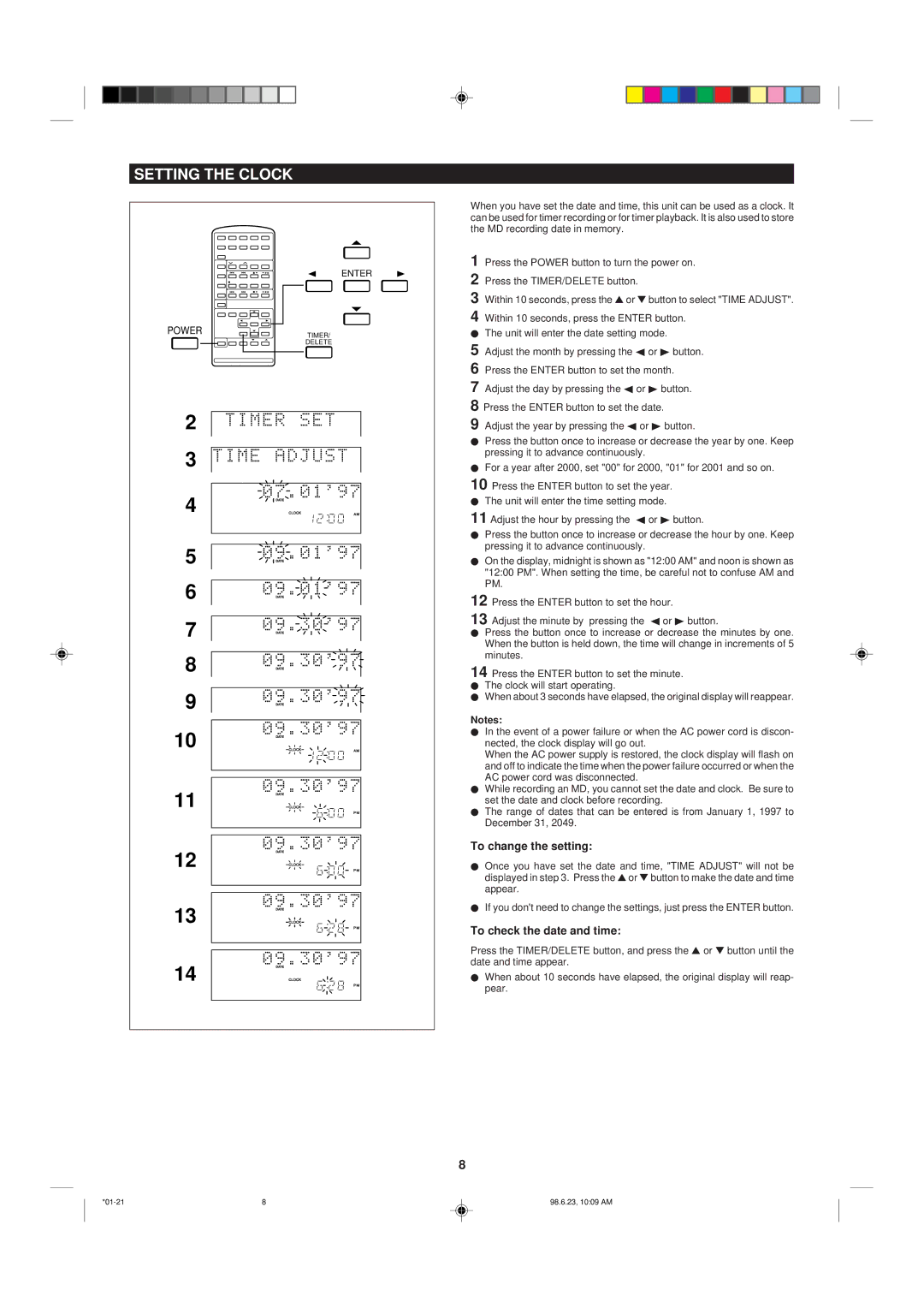 Sharp MD X5 operation manual Setting the Clock, To change the setting, To check the date and time 