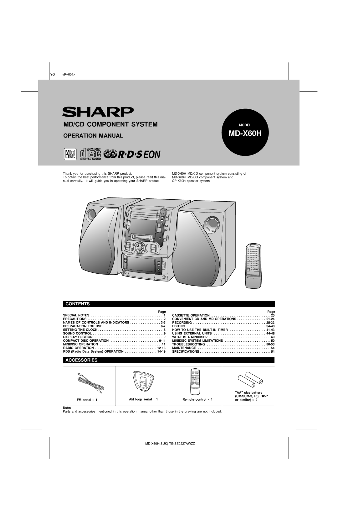 Sharp MD-X60H operation manual Contents, Accessories 