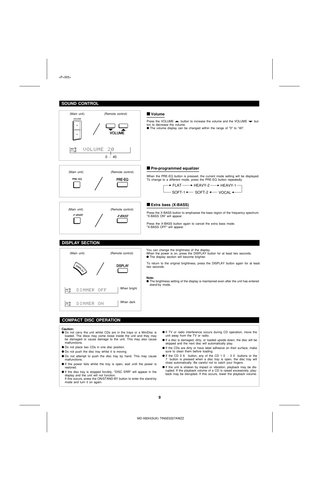 Sharp MD-X60H operation manual Sound Control, Display Section, Compact Disc Operation 