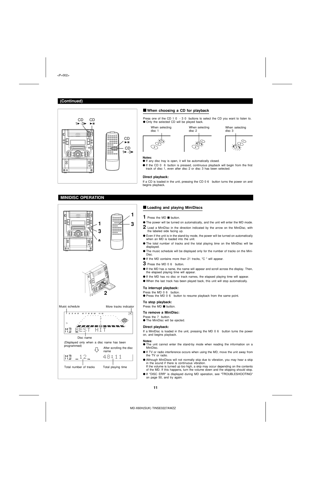 Sharp MD-X60H Minidisc Operation, When choosing a CD for playback, Loading and playing MiniDiscs, Direct playback 