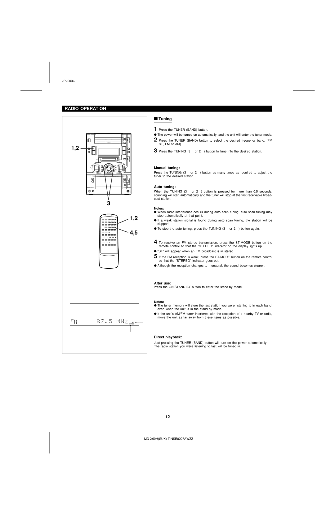 Sharp MD-X60H operation manual Radio Operation, Tuning, Manual tuning, Auto tuning 