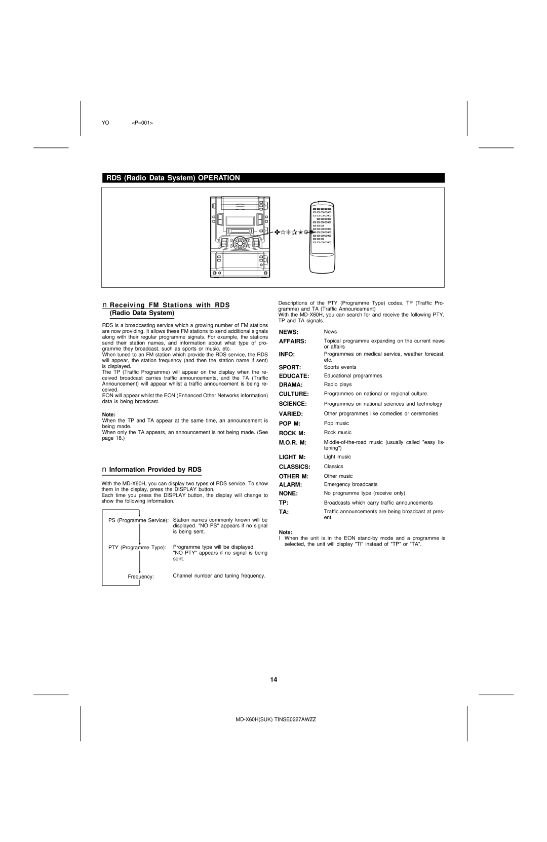 Sharp MD-X60H operation manual Receiving FM Stations with RDS Radio Data System, Information Provided by RDS 