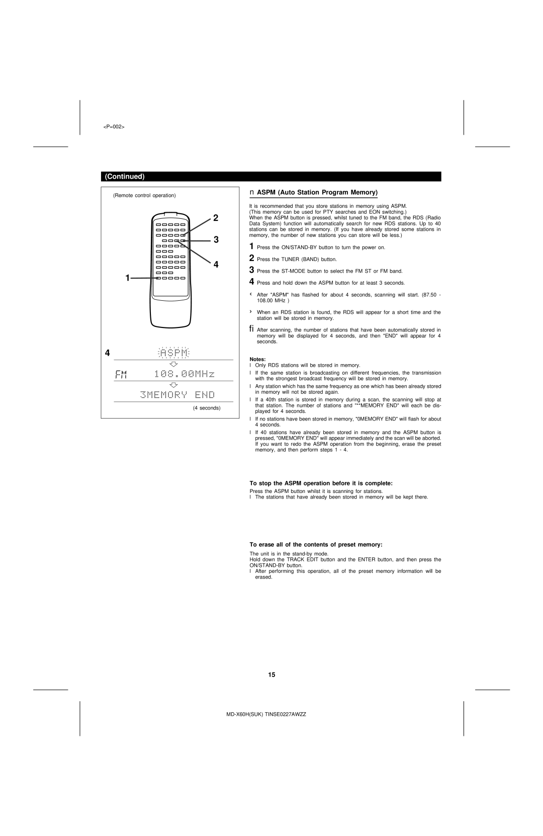 Sharp MD-X60H operation manual Aspm Auto Station Program Memory, To stop the Aspm operation before it is complete 