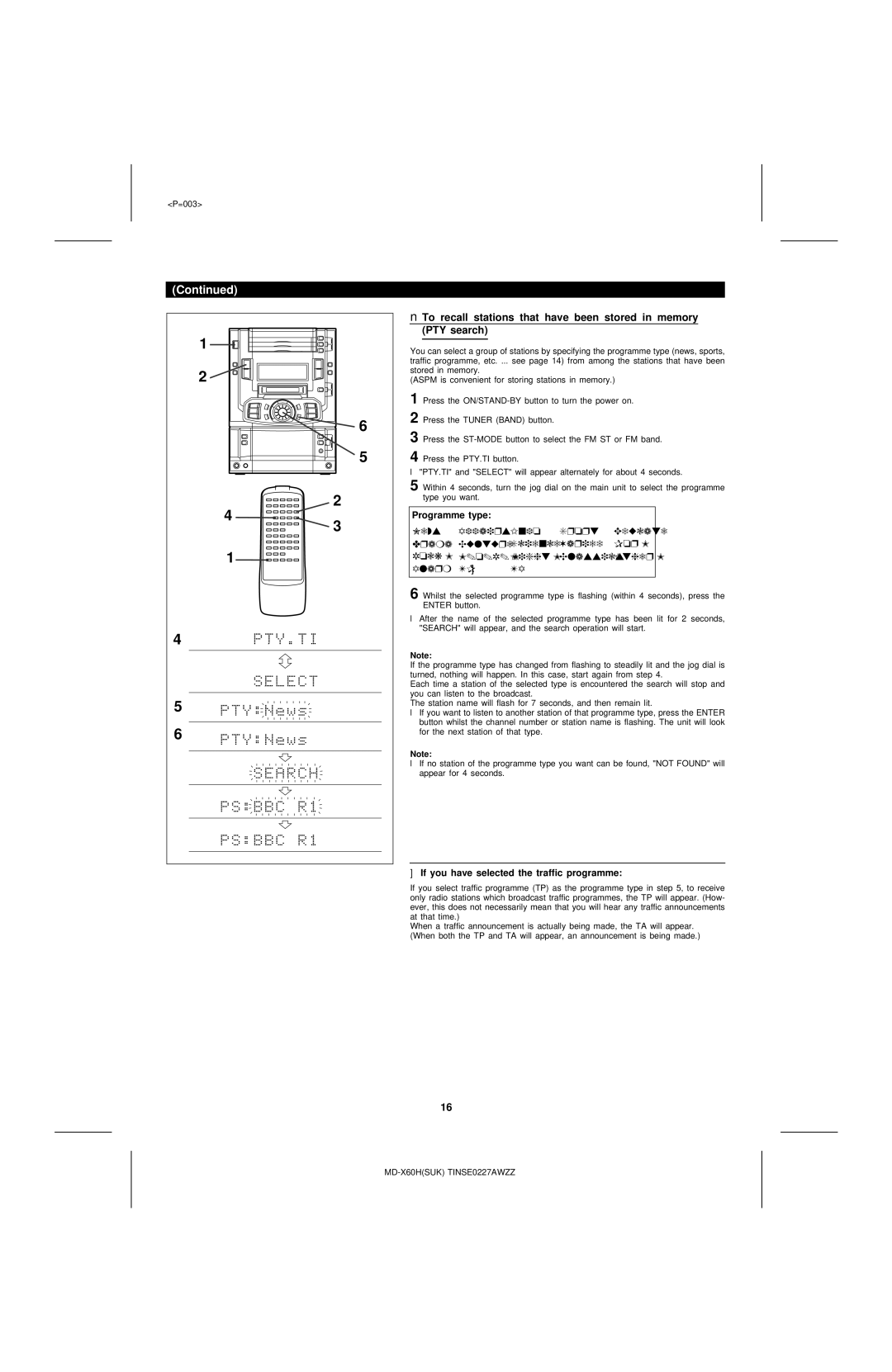 Sharp MD-X60H operation manual Programme type, If you have selected the traffic programme 