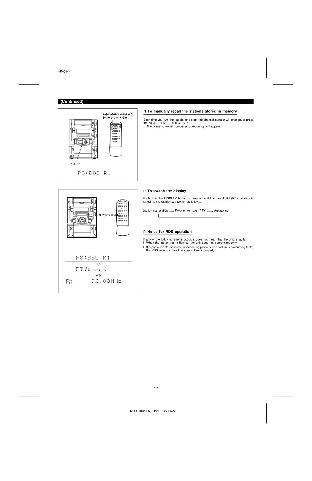 Sharp MD-X60H operation manual To manually recall the stations stored in memory, To switch the display 