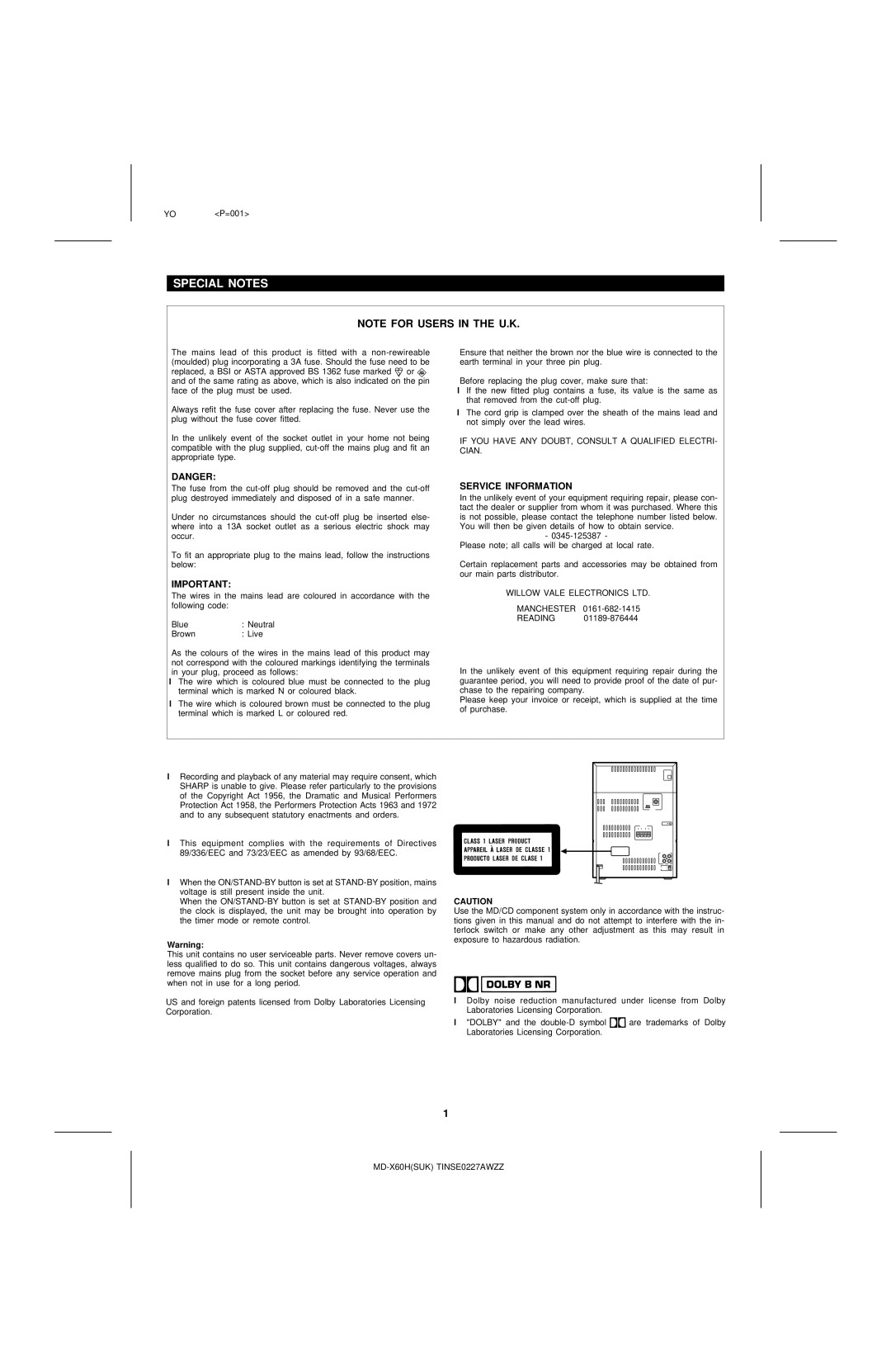 Sharp MD-X60H operation manual Special Notes, If YOU have ANY DOUBT, Consult a Qualified ELECTRI- Cian 