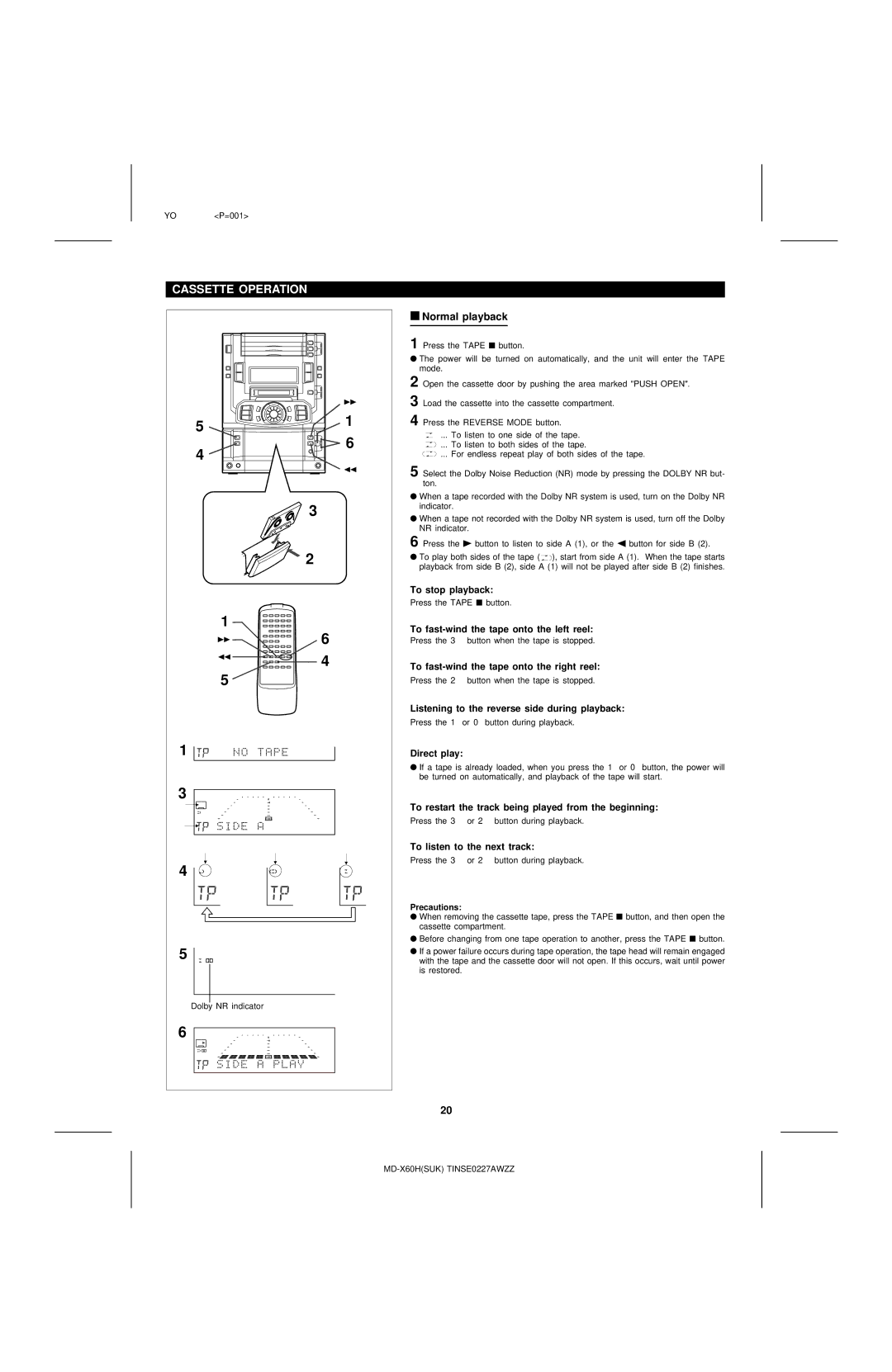 Sharp MD-X60H operation manual Cassette Operation, Normal playback 