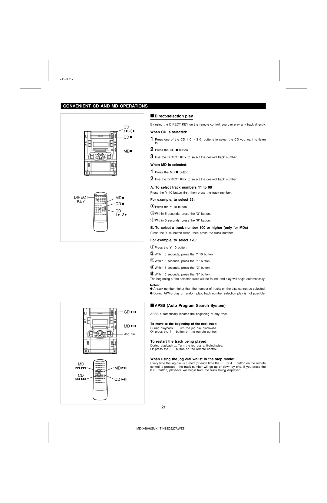 Sharp MD-X60H operation manual Convenient CD and MD Operations, Direct-selection play, Apss Auto Program Search System 