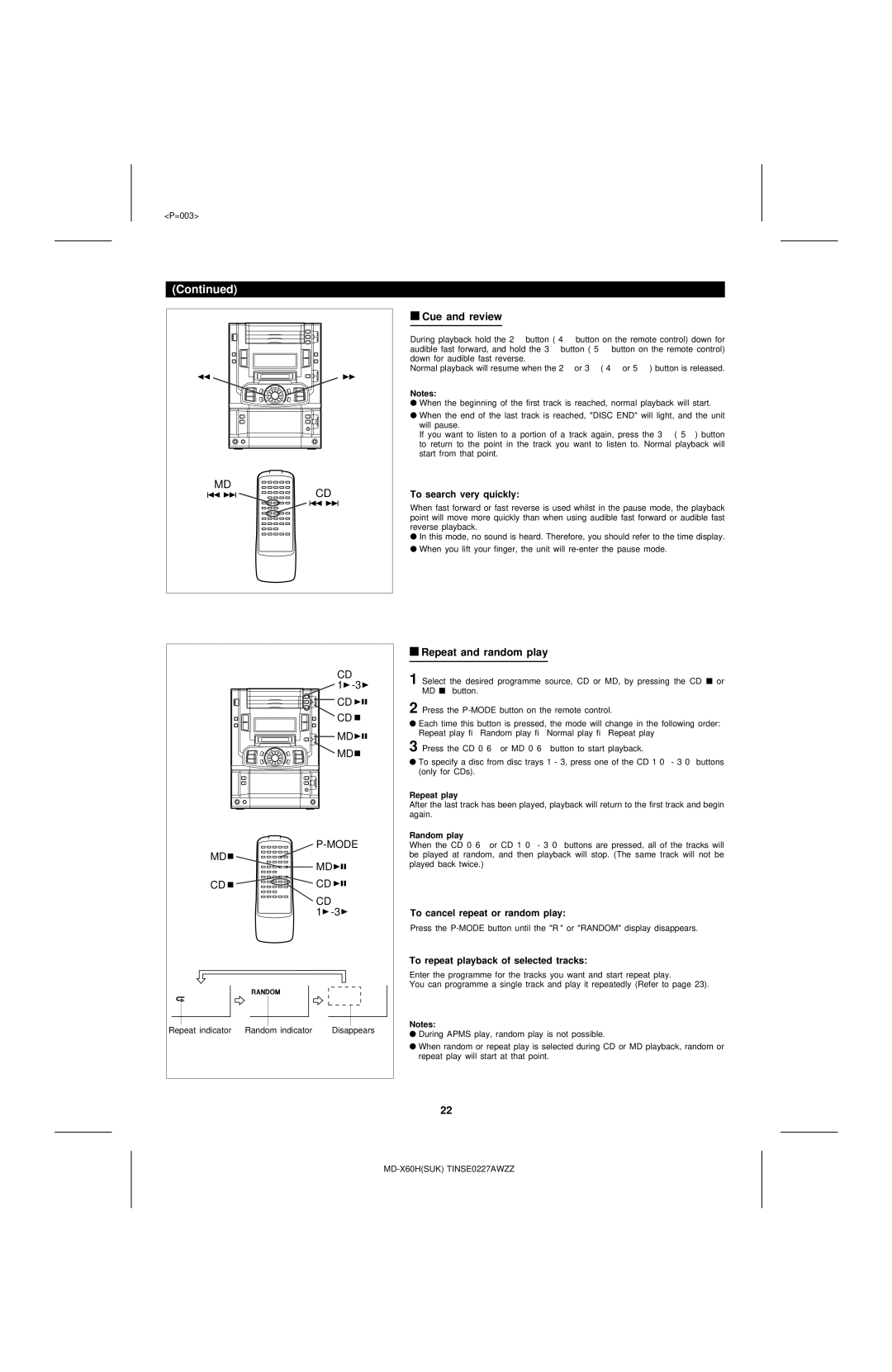 Sharp MD-X60H Cue and review, Repeat and random play, To search very quickly, To cancel repeat or random play 