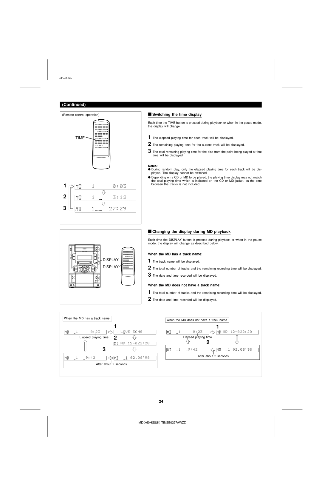 Sharp MD-X60H Switching the time display, Changing the display during MD playback, When the MD has a track name 