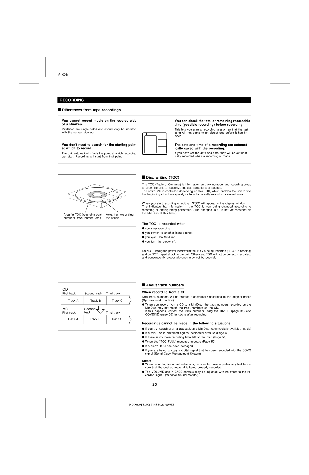 Sharp MD-X60H operation manual Recording, Differences from tape recordings, Disc writing TOC, About track numbers 