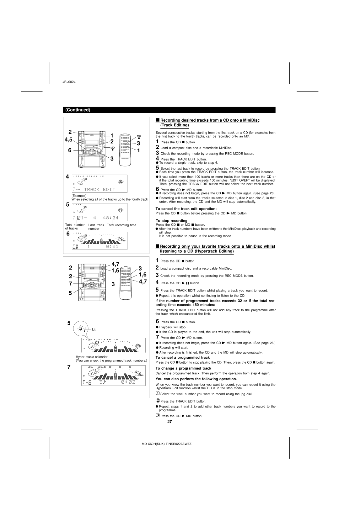 Sharp MD-X60H To cancel the track edit operation, To cancel a programmed track, To change a programmed track 