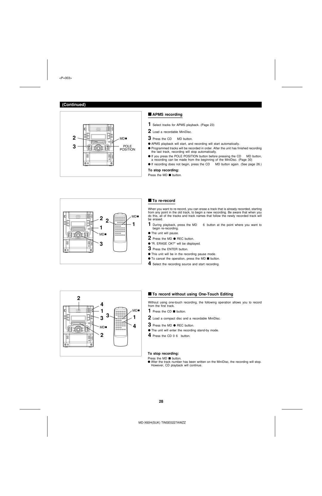 Sharp MD-X60H operation manual Apms recording, To re-record, To record without using One-Touch Editing 