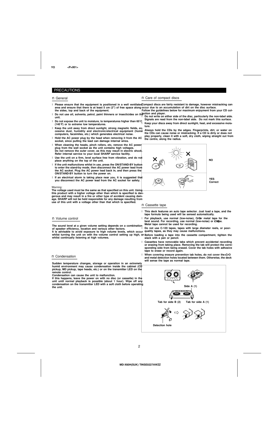 Sharp MD-X60H operation manual Precautions 