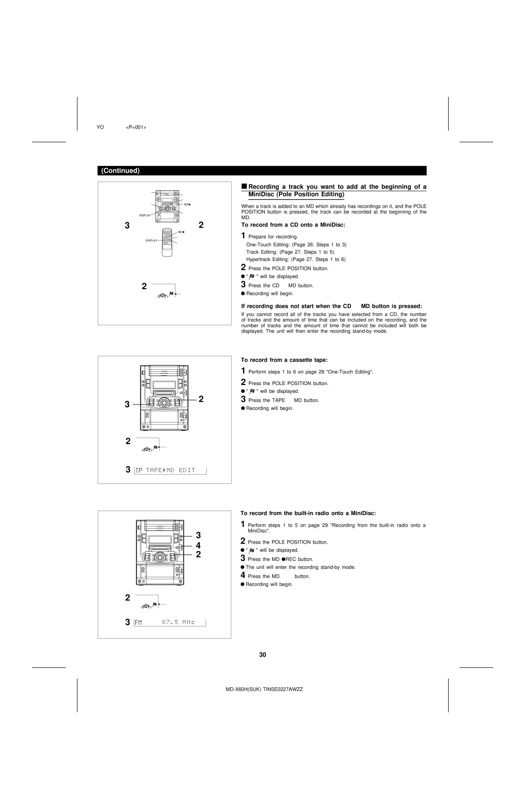 Sharp MD-X60H operation manual To record from a CD onto a MiniDisc, To record from a cassette tape 