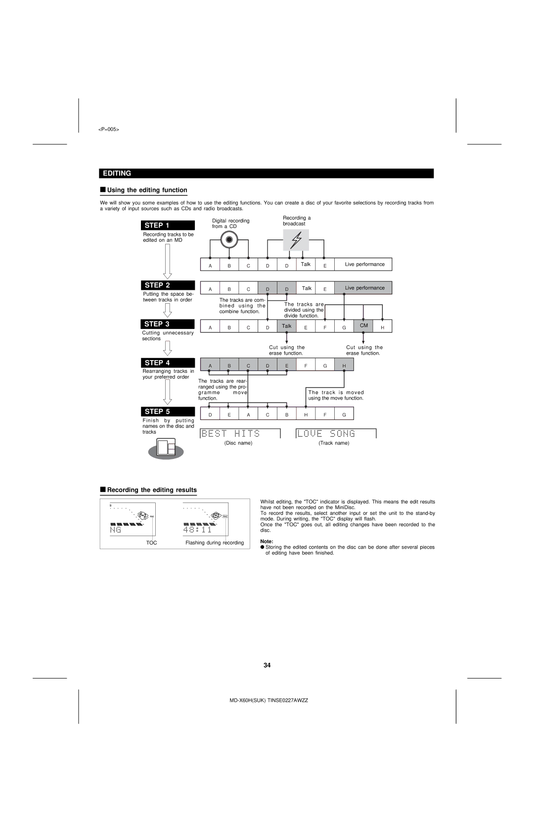 Sharp MD-X60H operation manual Editing, Step, Using the editing function, Recording the editing results 