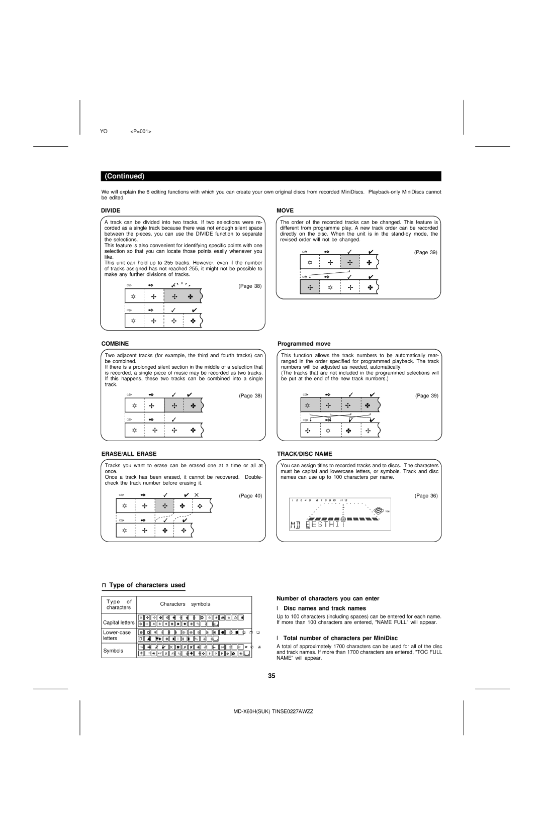 Sharp MD-X60H operation manual Type of characters used, Programmed move, Total number of characters per MiniDisc 