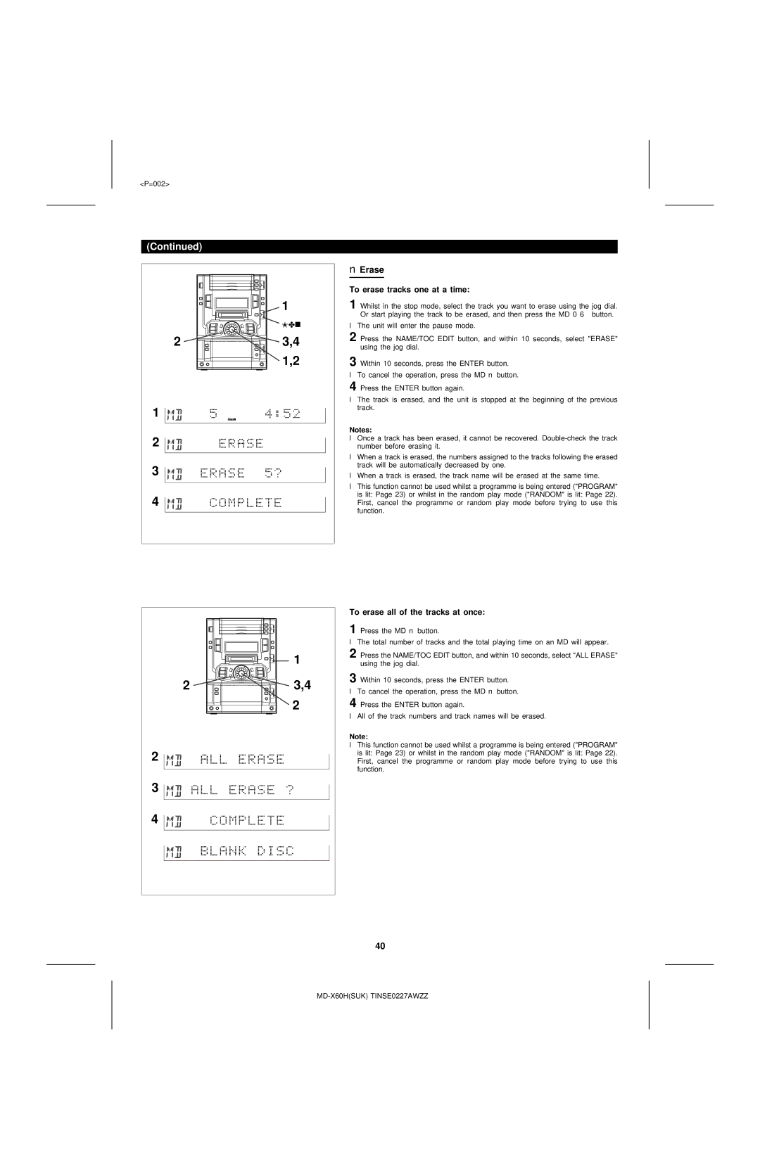 Sharp MD-X60H operation manual Erase, To erase tracks one at a time, To erase all of the tracks at once 