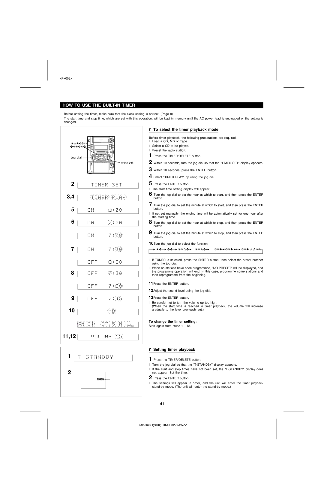 Sharp MD-X60H operation manual HOW to USE the BUILT-IN Timer, To select the timer playback mode, Setting timer playback 