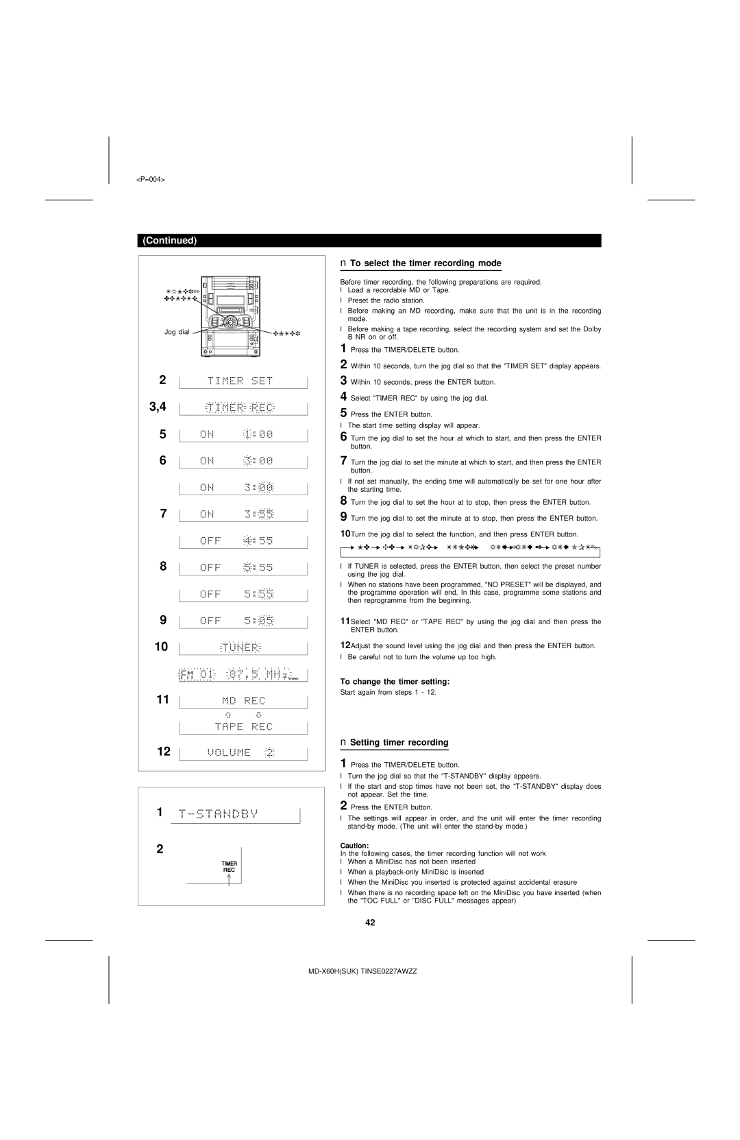 Sharp MD-X60H operation manual To select the timer recording mode, Setting timer recording 