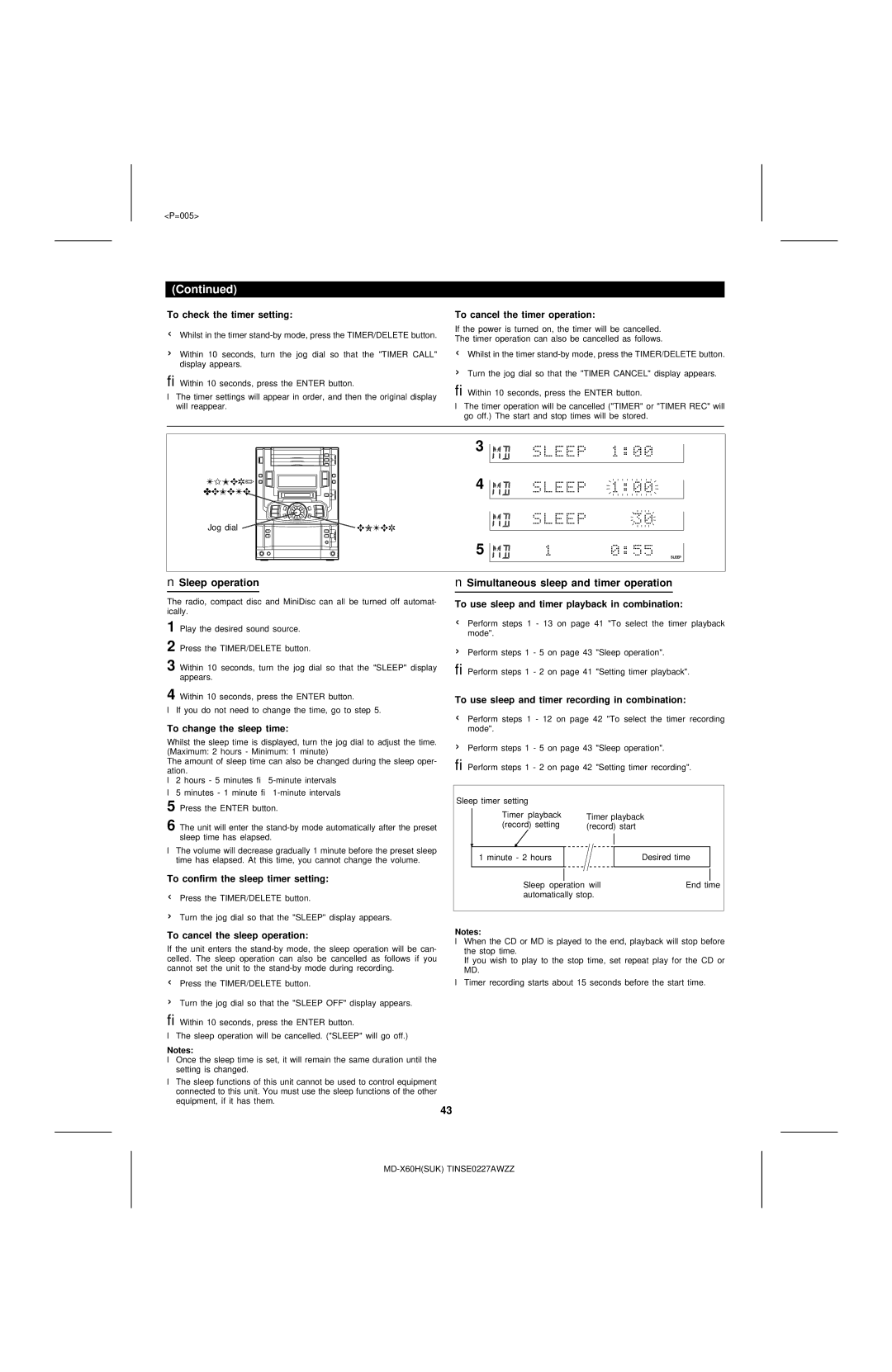 Sharp MD-X60H operation manual Sleep operation Simultaneous sleep and timer operation 