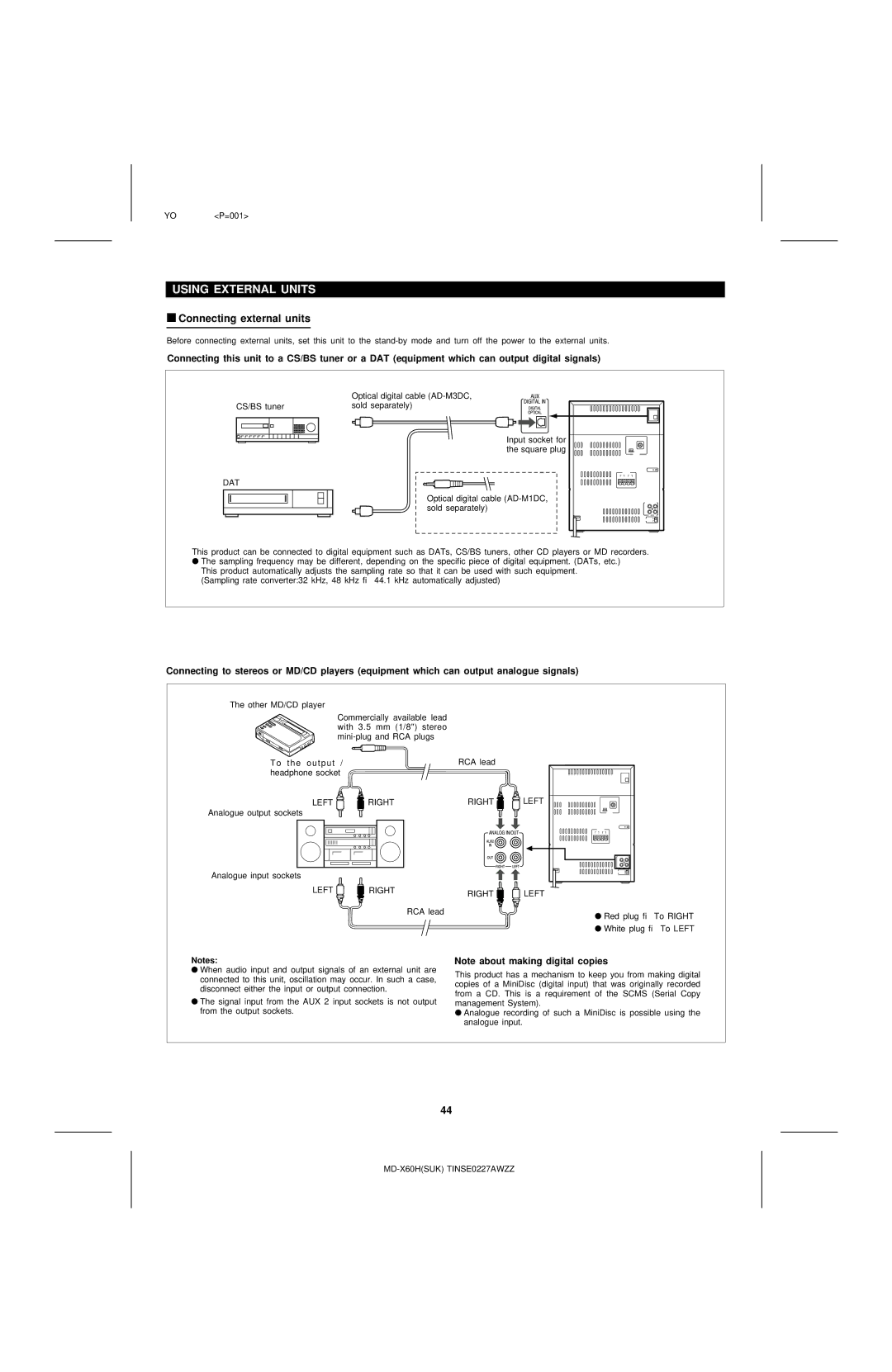 Sharp MD-X60H operation manual Using External Units, Connecting external units 