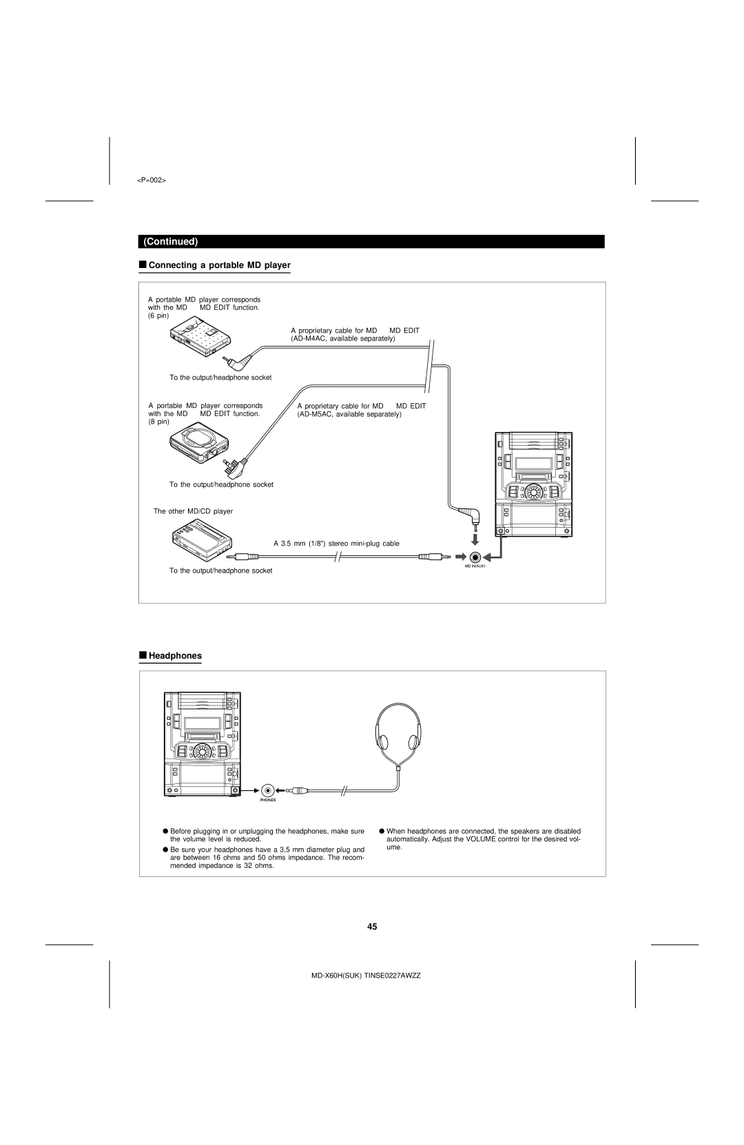 Sharp MD-X60H operation manual Connecting a portable MD player, Headphones 