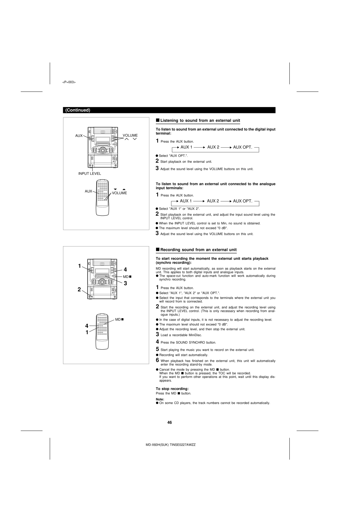 Sharp MD-X60H operation manual Listening to sound from an external unit, Recording sound from an external unit 