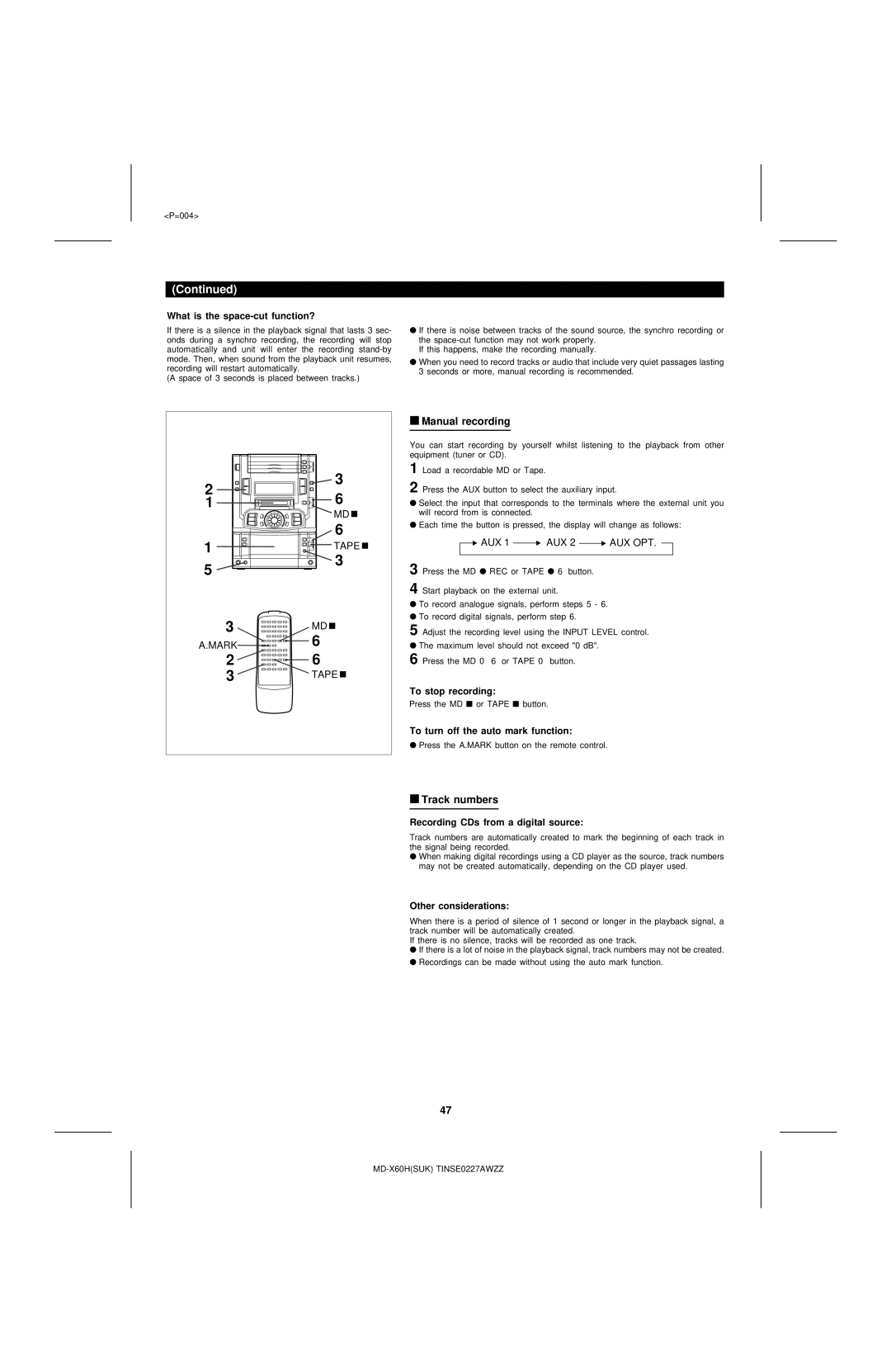 Sharp MD-X60H Manual recording, Track numbers, To turn off the auto mark function, Recording CDs from a digital source 