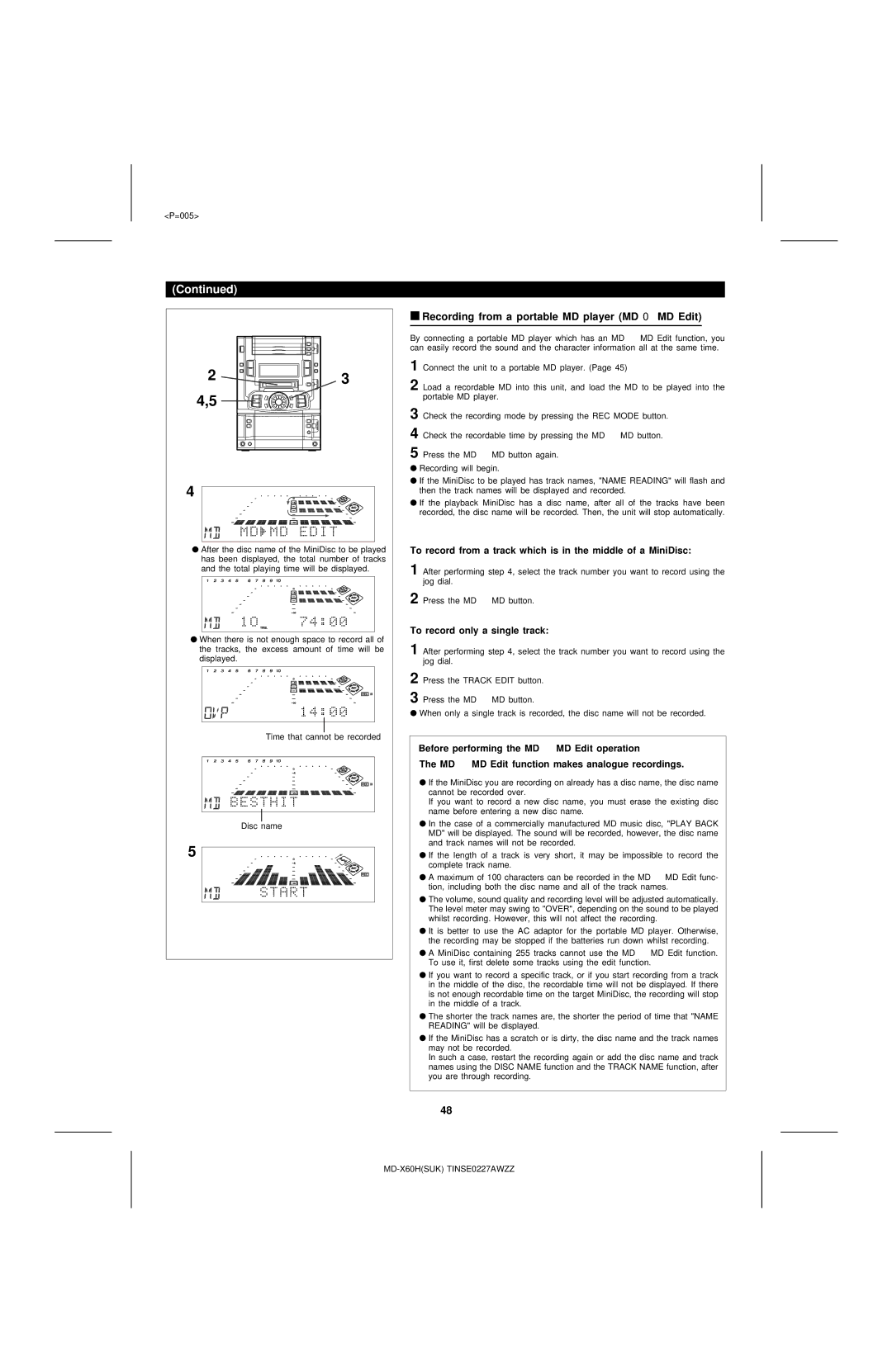 Sharp MD-X60H operation manual Recording from a portable MD player MD 0 MD Edit, To record only a single track 