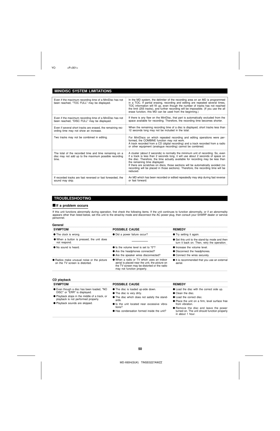 Sharp MD-X60H operation manual Minidisc System Limitations, Troubleshooting, If a problem occurs, General, CD playback 