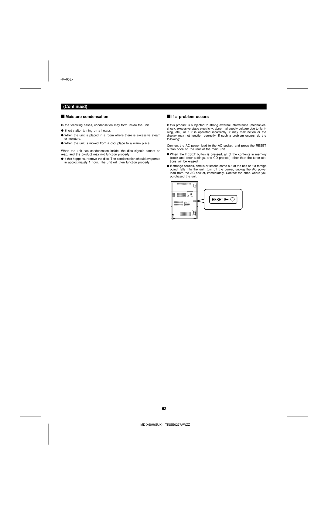 Sharp MD-X60H operation manual Moisture condensation If a problem occurs 