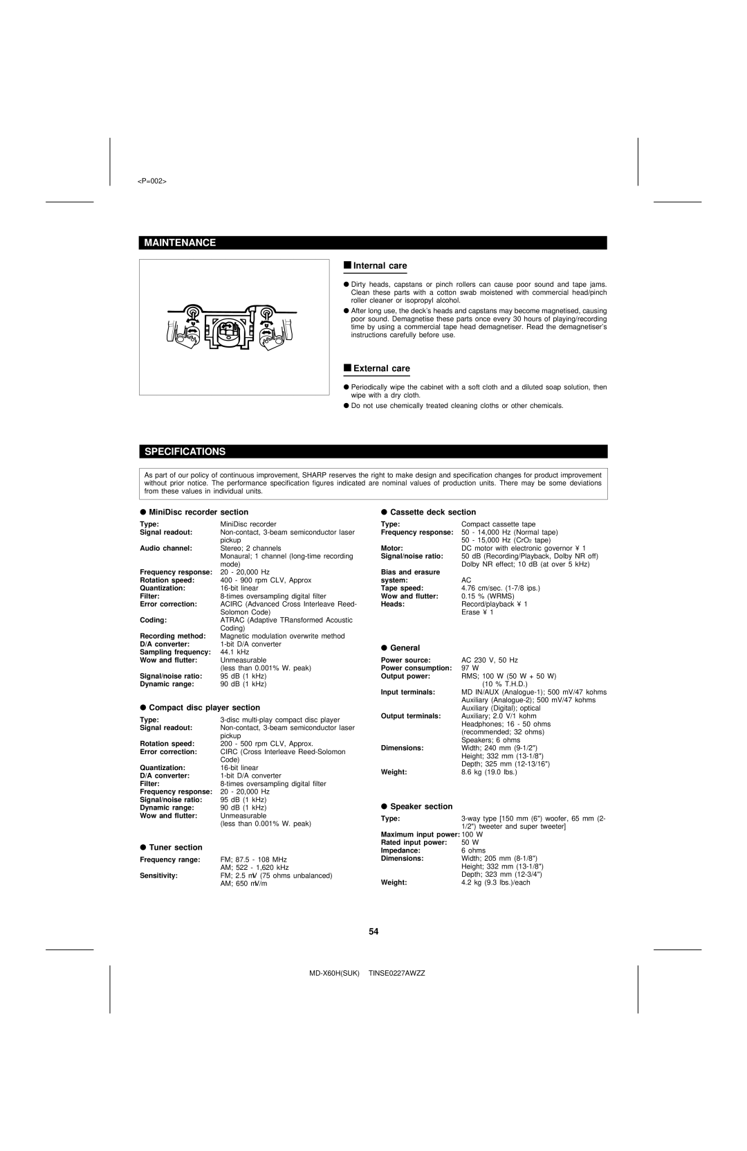 Sharp MD-X60H operation manual Maintenance, Specifications, Internal care, External care 