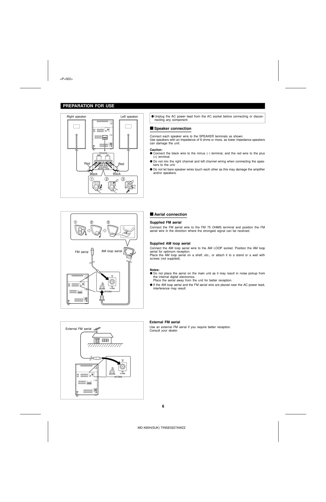 Sharp MD-X60H operation manual Preparation for USE, Speaker connection, Aerial connection 