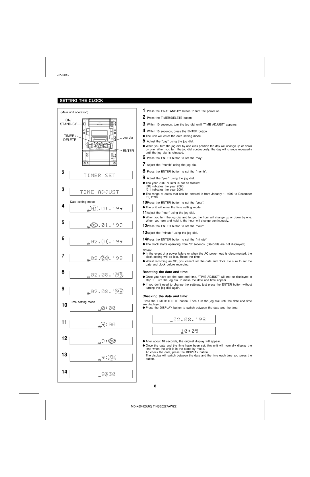 Sharp MD-X60H operation manual Setting the Clock, Resetting the date and time, Checking the date and time 