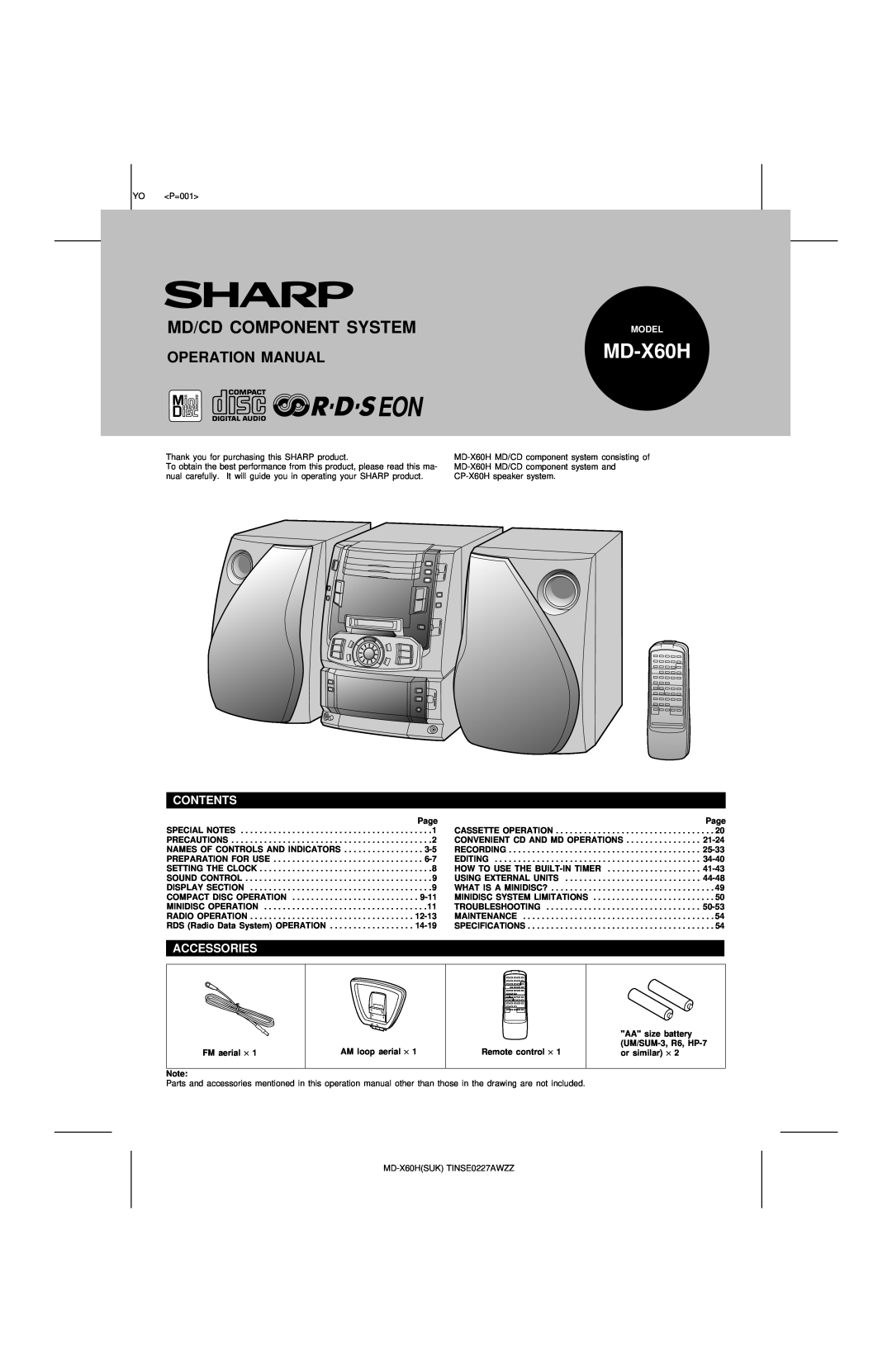 Sharp MD-X60H operation manual Contents, Accessories, Md/Cd Component System, Model 