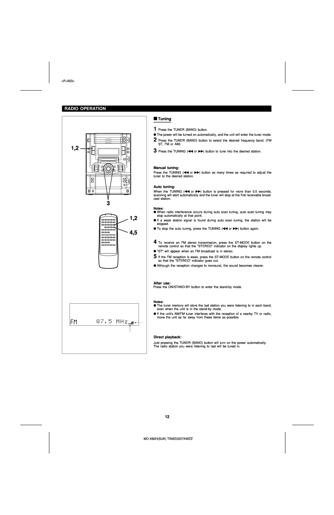 Sharp MD-X60H operation manual Radio Operation, Tuning, Manual tuning, Auto tuning, After use, Direct playback 