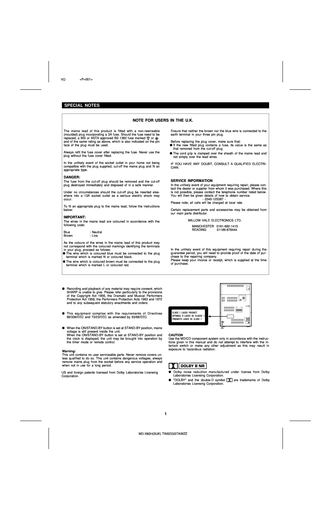 Sharp MD-X60H operation manual Special Notes, Note For Users In The U.K, Danger, Service Information 