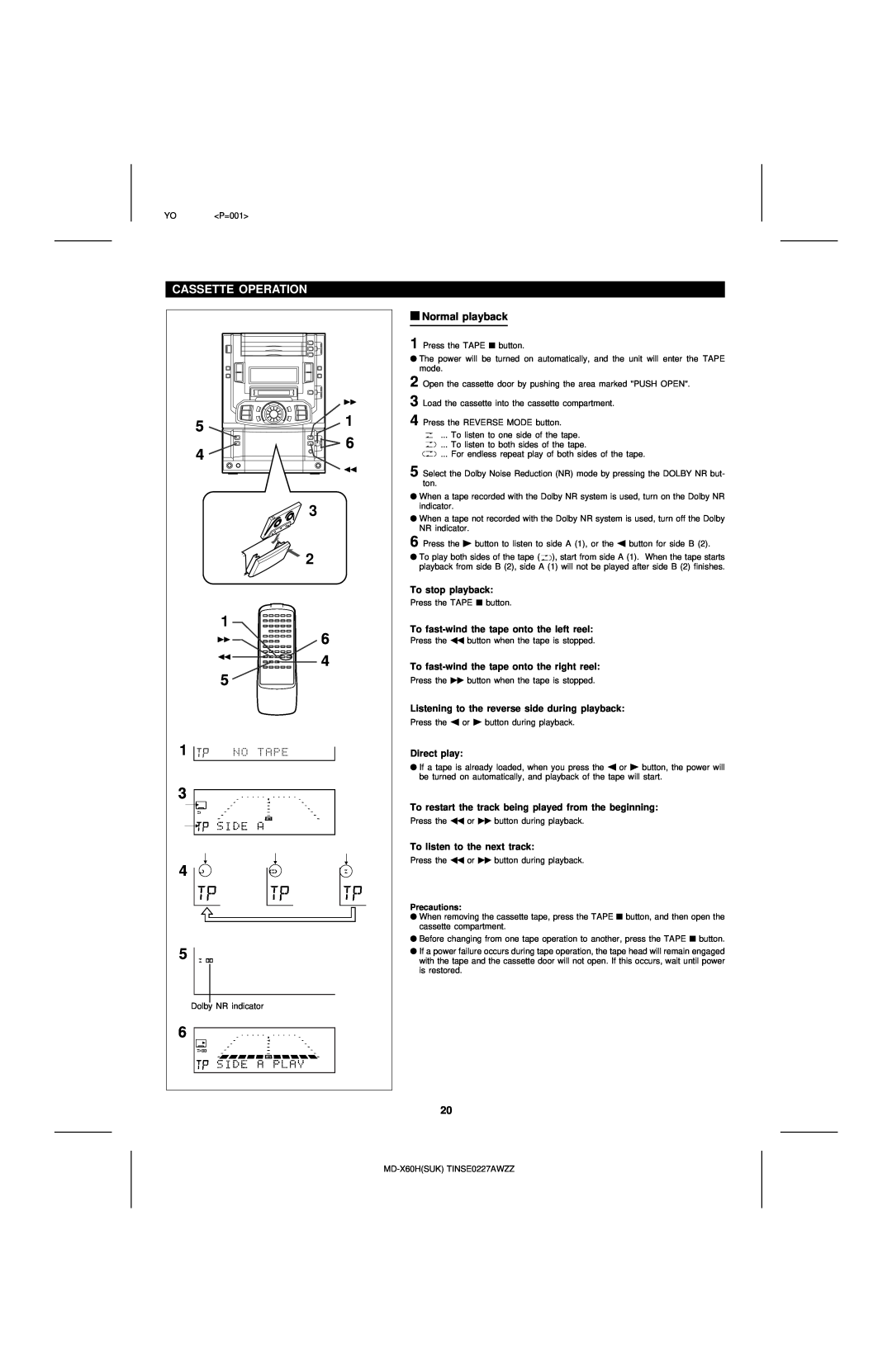 Sharp MD-X60H operation manual Cassette Operation, Normal playback 