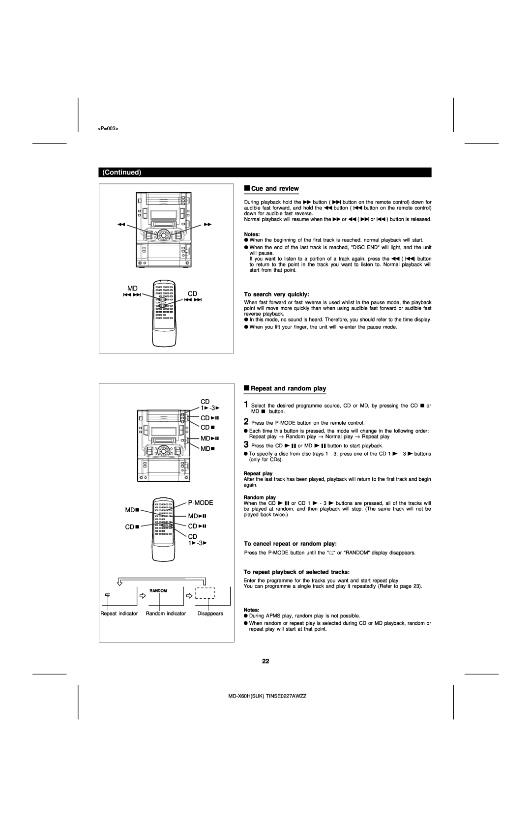 Sharp MD-X60H operation manual Md Cd, Cue and review, Repeat and random play, Continued 